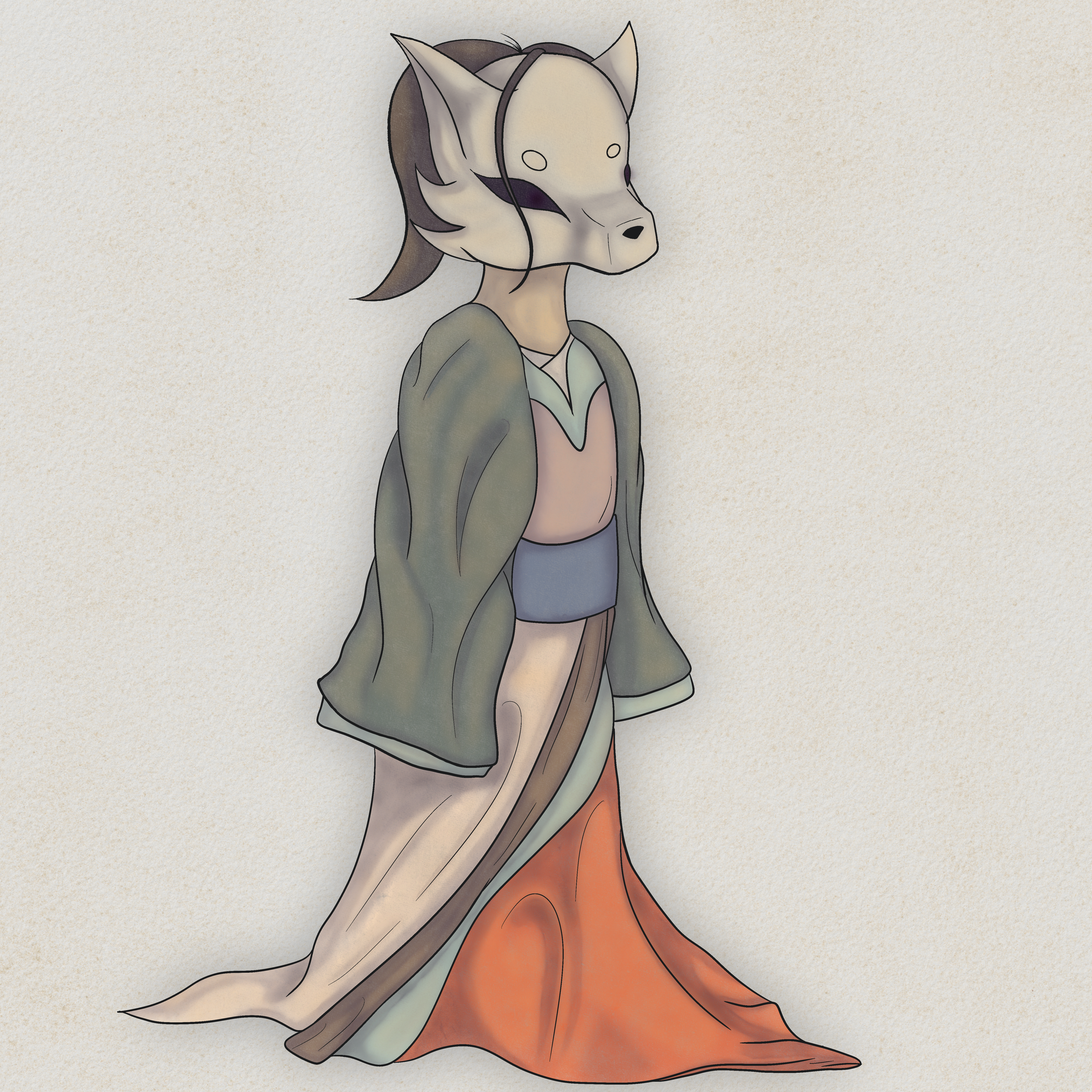 A person in a kitsune mask wearing an oversized kimono without rainbow lighting