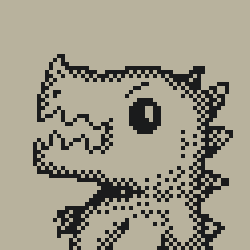 Go-tan, the titular tiny kaiju. He is pixellated and roaring to the left